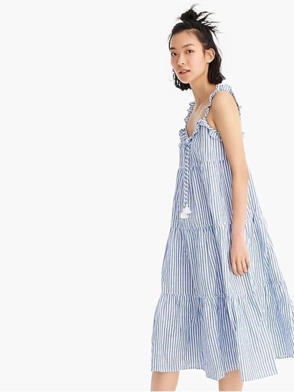 J. Crew Blue and White Striped Ruffle-Tie Midi Dress